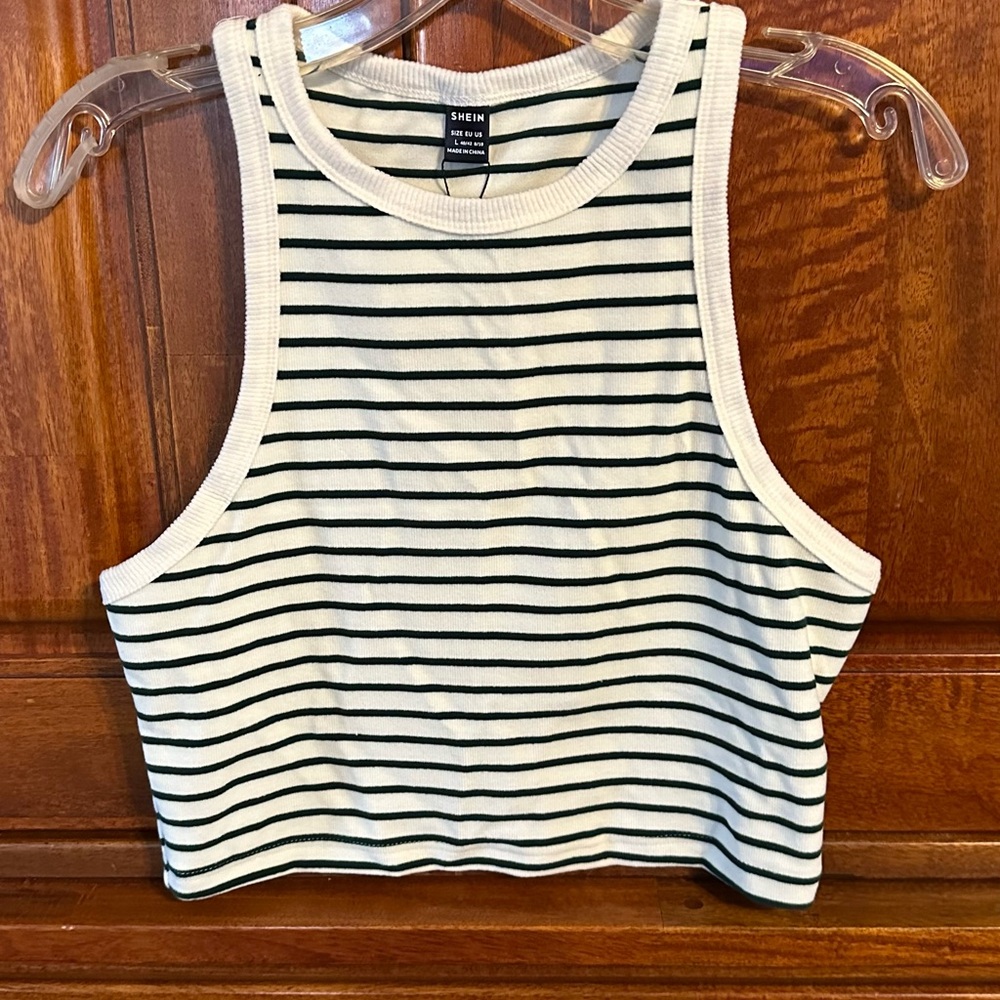 SHEIN BASICS Green and White Striped Women's Crop Top